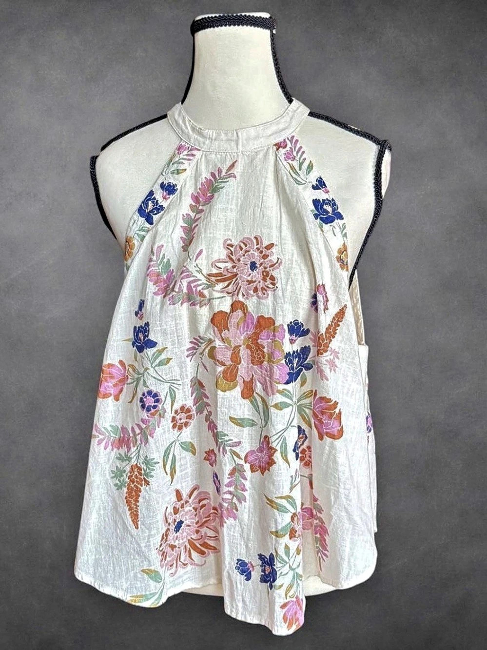 Free People Floral Halter Tank Top in White & Multicolor Size Small